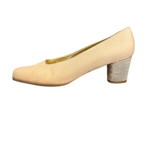 Vintage Bottega Veneta Nude Beige Low Block Heel Pump, Size 9, Square Toe